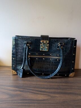 Black Croc-Embossed Structured Tote Bag with Gold Hardware